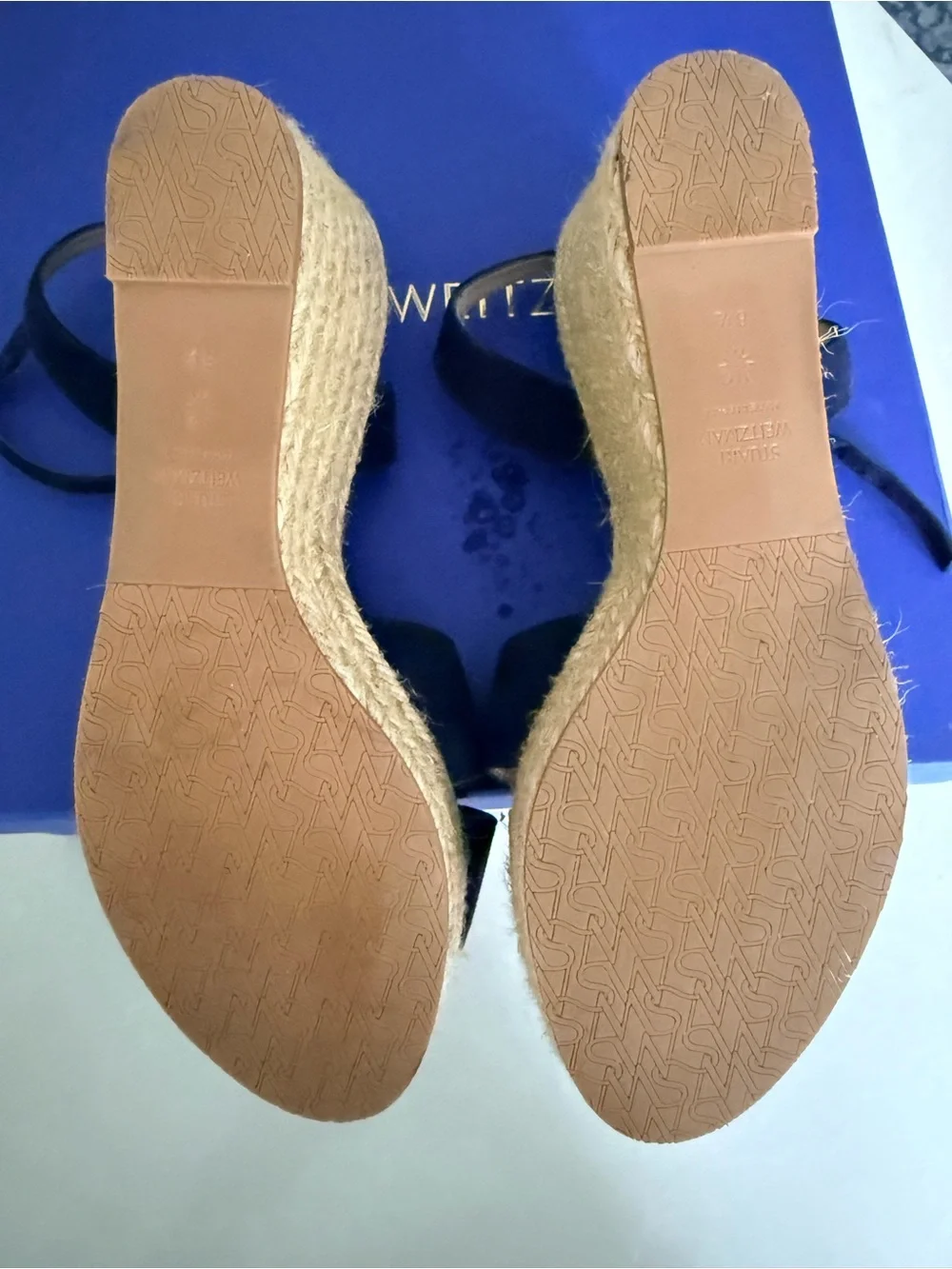 Stuart Weitzman Navy Suede Crisscross Ankle‑Strap Espadrille Wedges